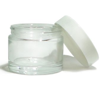Vaso in vetro trasparente  con coperchio in plastica bianco, 50 ml